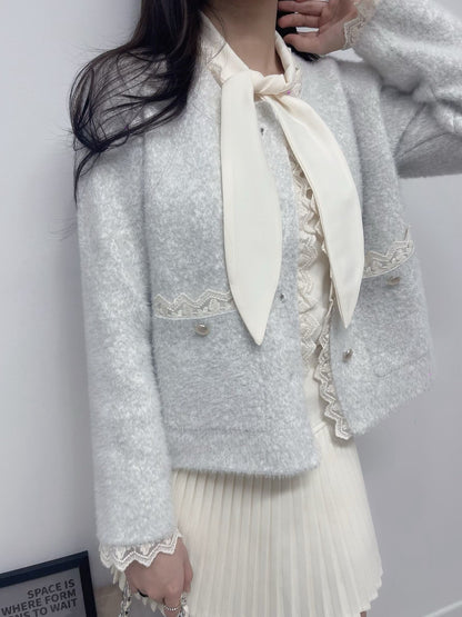 1C109 蕾絲邊混色毛呢外套