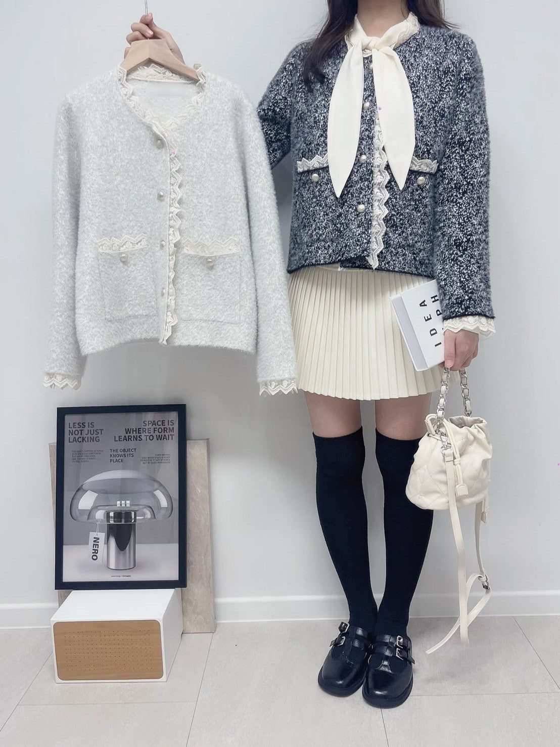 1C109 蕾絲邊混色毛呢外套