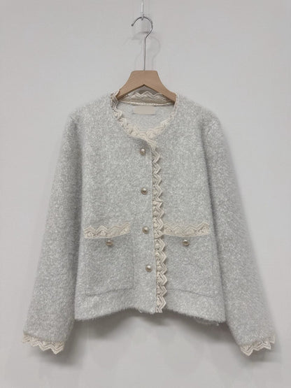 1C109 蕾絲邊混色毛呢外套
