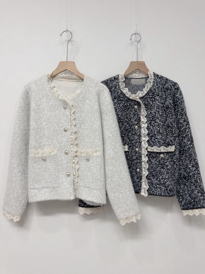 1C109 蕾絲邊混色毛呢外套