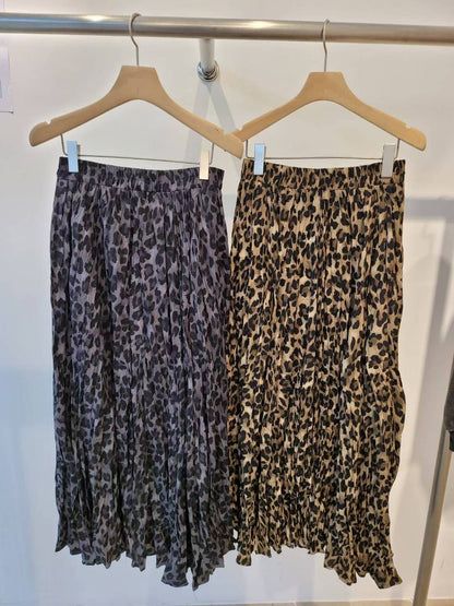 10A104 鬆緊腰豹紋百褶長裙