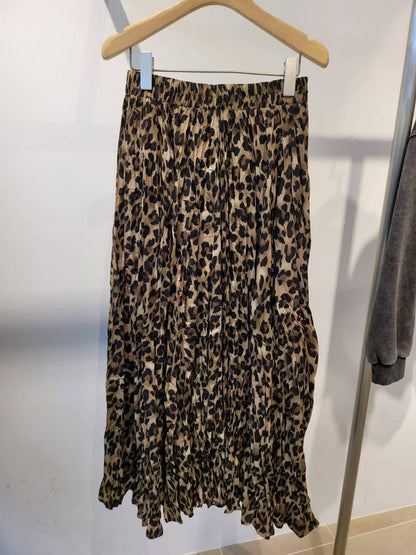 10A104 鬆緊腰豹紋百褶長裙