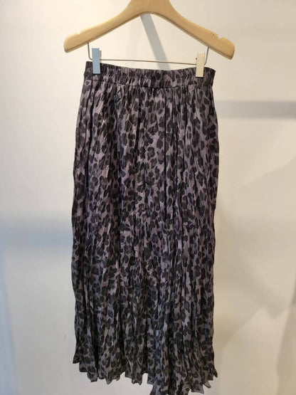 10A104 鬆緊腰豹紋百褶長裙