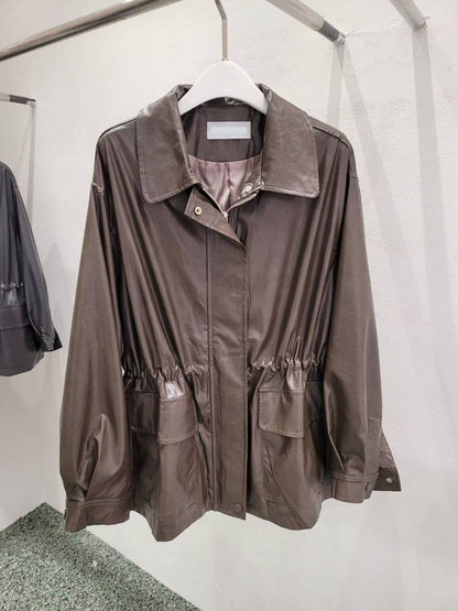 10A110 縮腰長版皮夾克