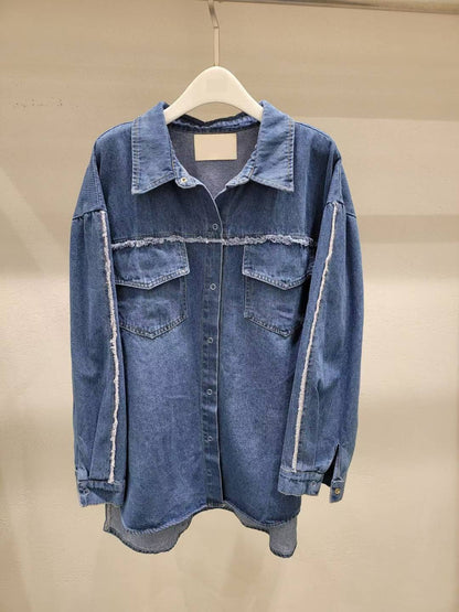 10A118 抽鬚邊長版丹寧襯衫