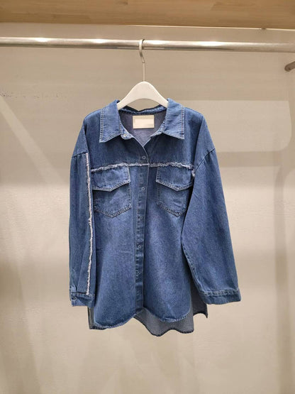 10A118 抽鬚邊長版丹寧襯衫