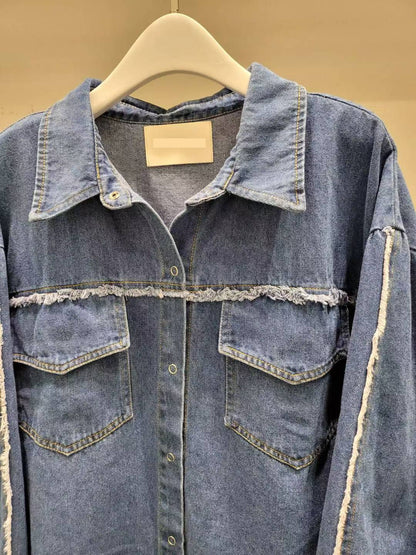 10A118 抽鬚邊長版丹寧襯衫