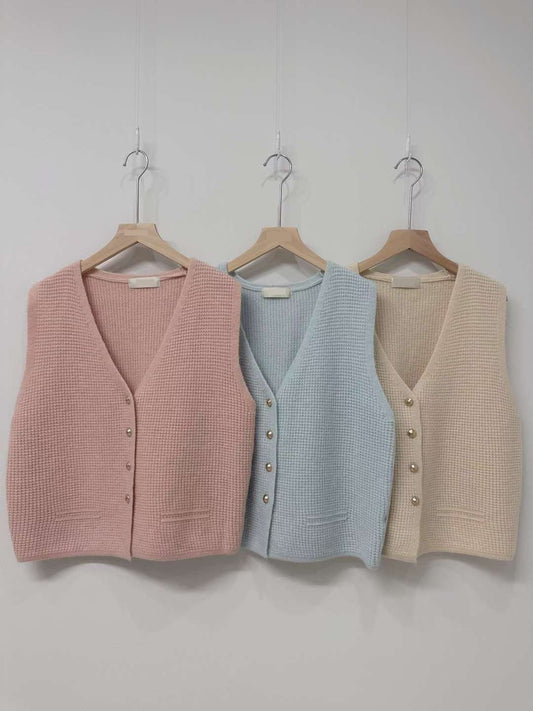 10D114 鬆餅格紋排釦針織背心