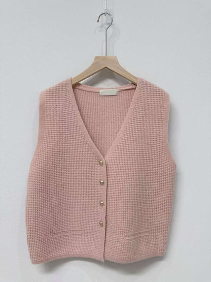 10D114 鬆餅格紋排釦針織背心