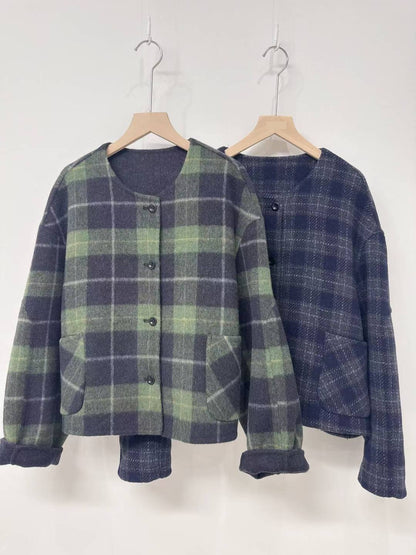 10D120 毛呢格紋圓領外套