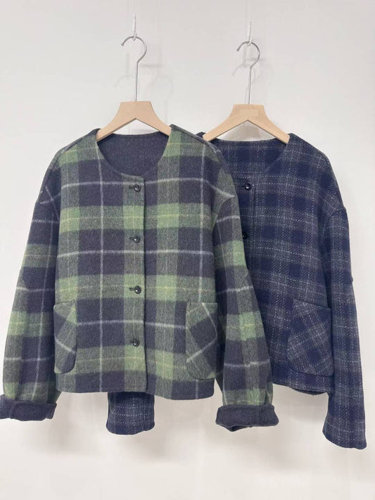 10D120 毛呢格紋圓領外套