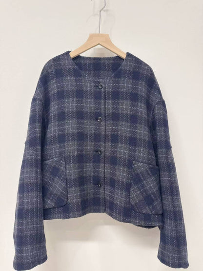 10D120 毛呢格紋圓領外套