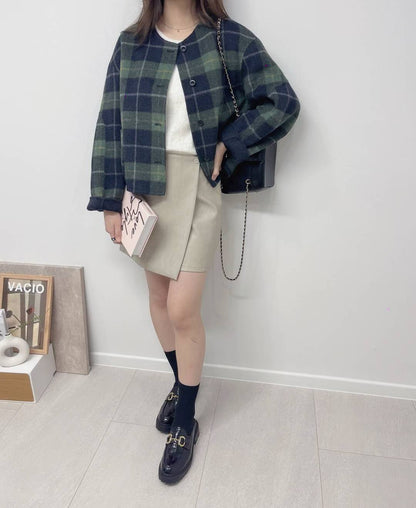 10D120 毛呢格紋圓領外套