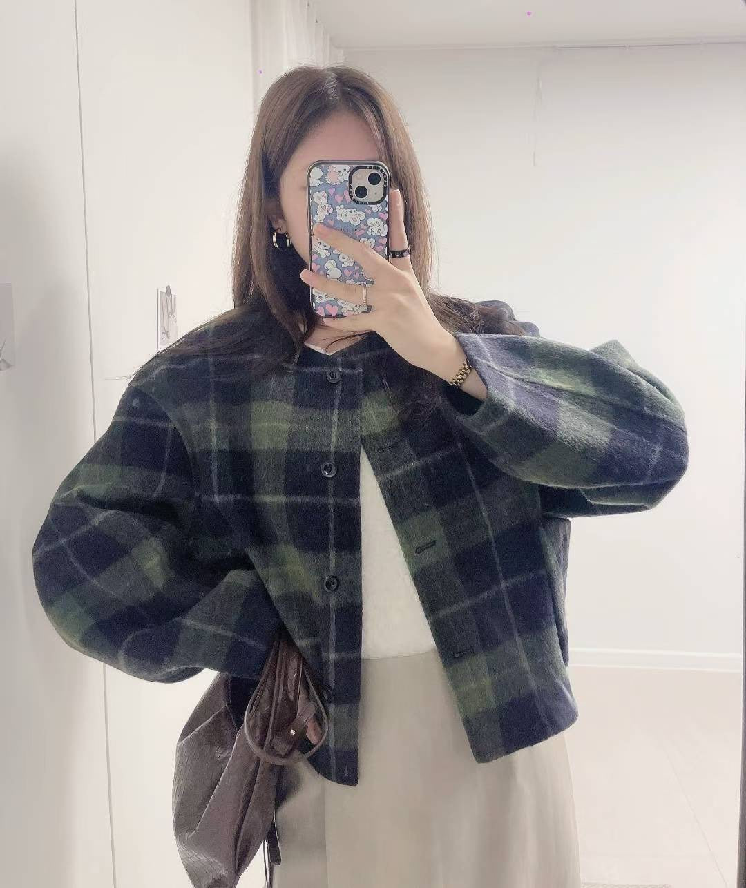 10D120 毛呢格紋圓領外套