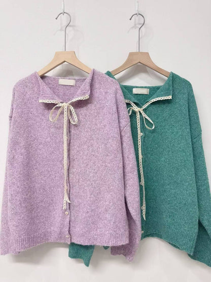 10D116 開襟蕾絲綁帶領針織外套