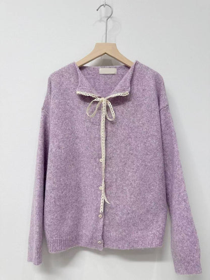 10D116 開襟蕾絲綁帶領針織外套