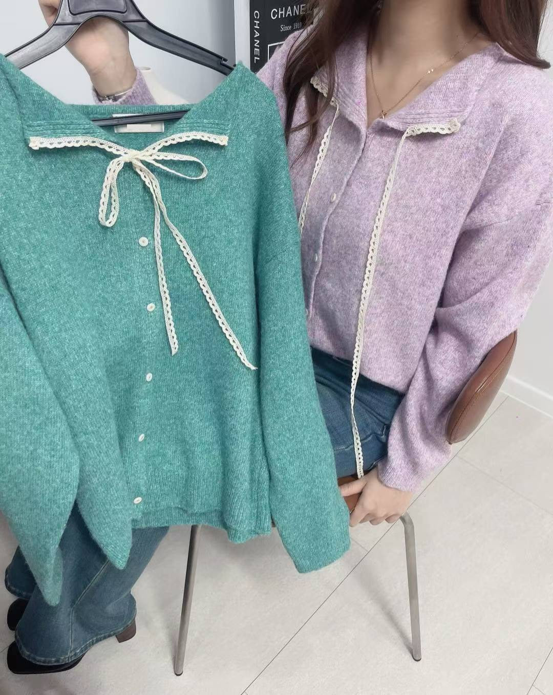 10D116 開襟蕾絲綁帶領針織外套
