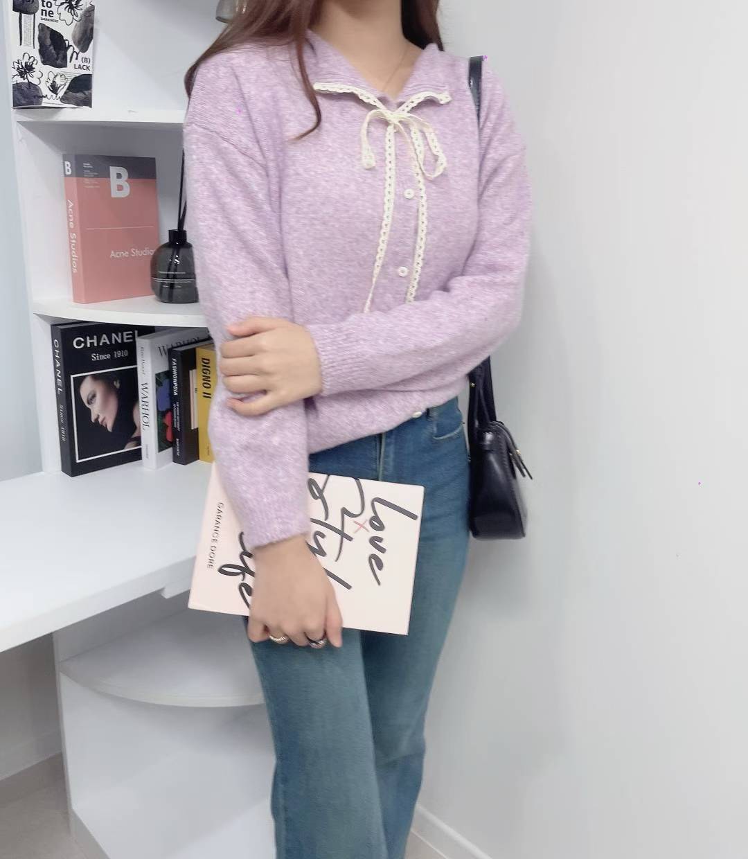 10D116 開襟蕾絲綁帶領針織外套