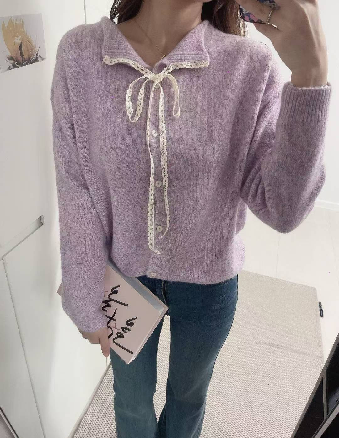 10D116 開襟蕾絲綁帶領針織外套