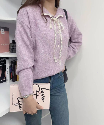 10D116 開襟蕾絲綁帶領針織外套