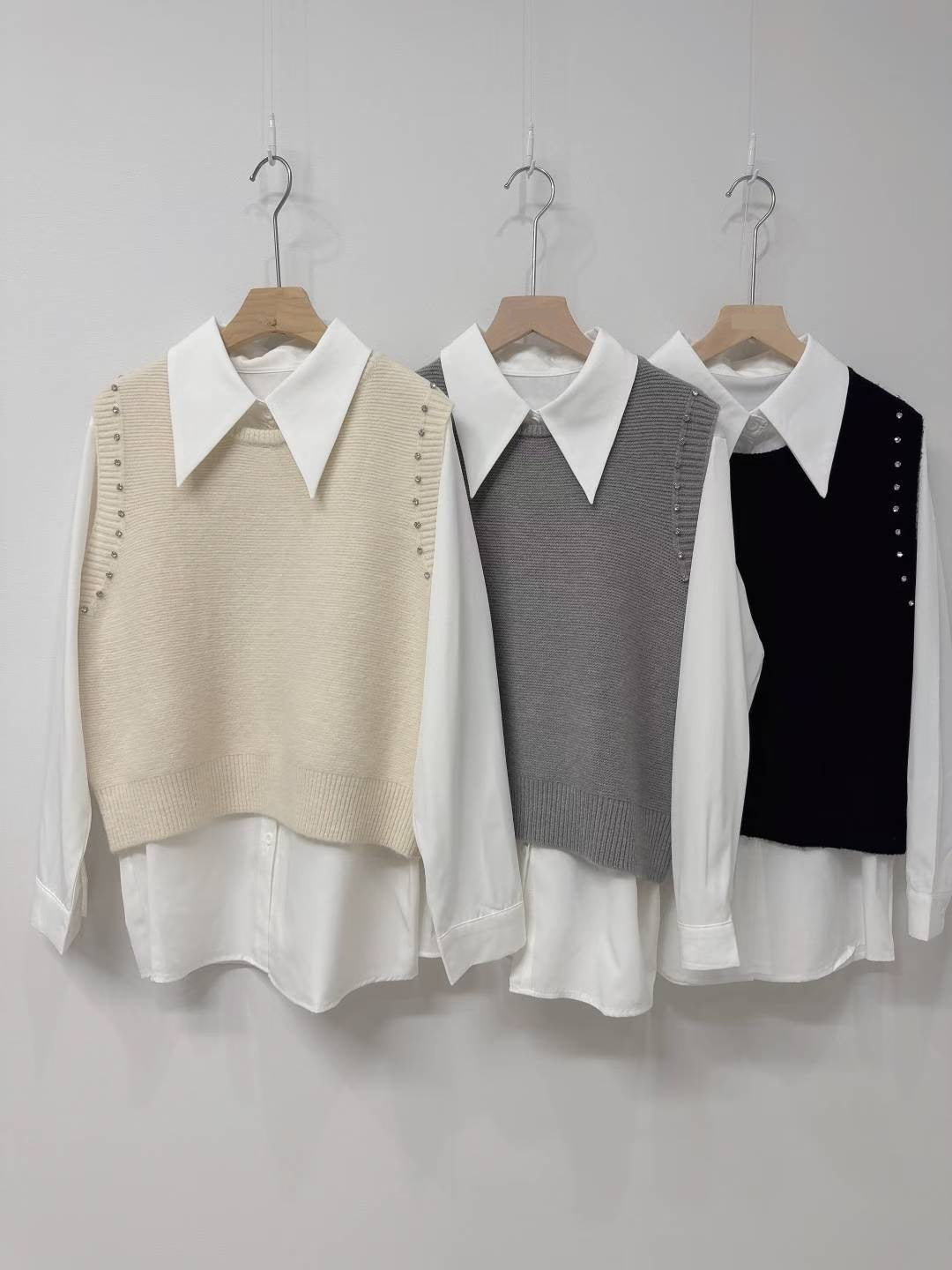 10D103 白襯衫+水鑽針織背心 套裝