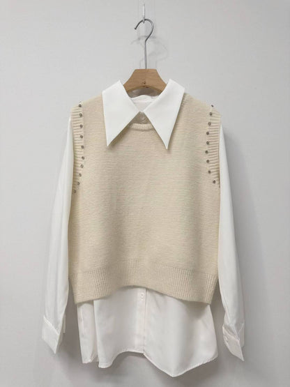 10D103 白襯衫+水鑽針織背心 套裝