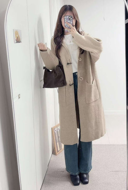 10D125 連帽牛角扣針織長外套