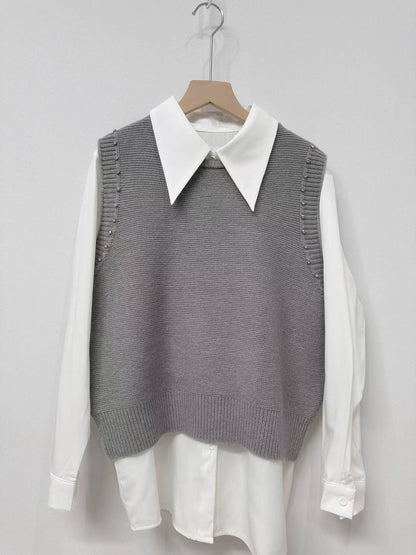 10D103 白襯衫+水鑽針織背心 套裝