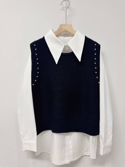 10D103 白襯衫+水鑽針織背心 套裝