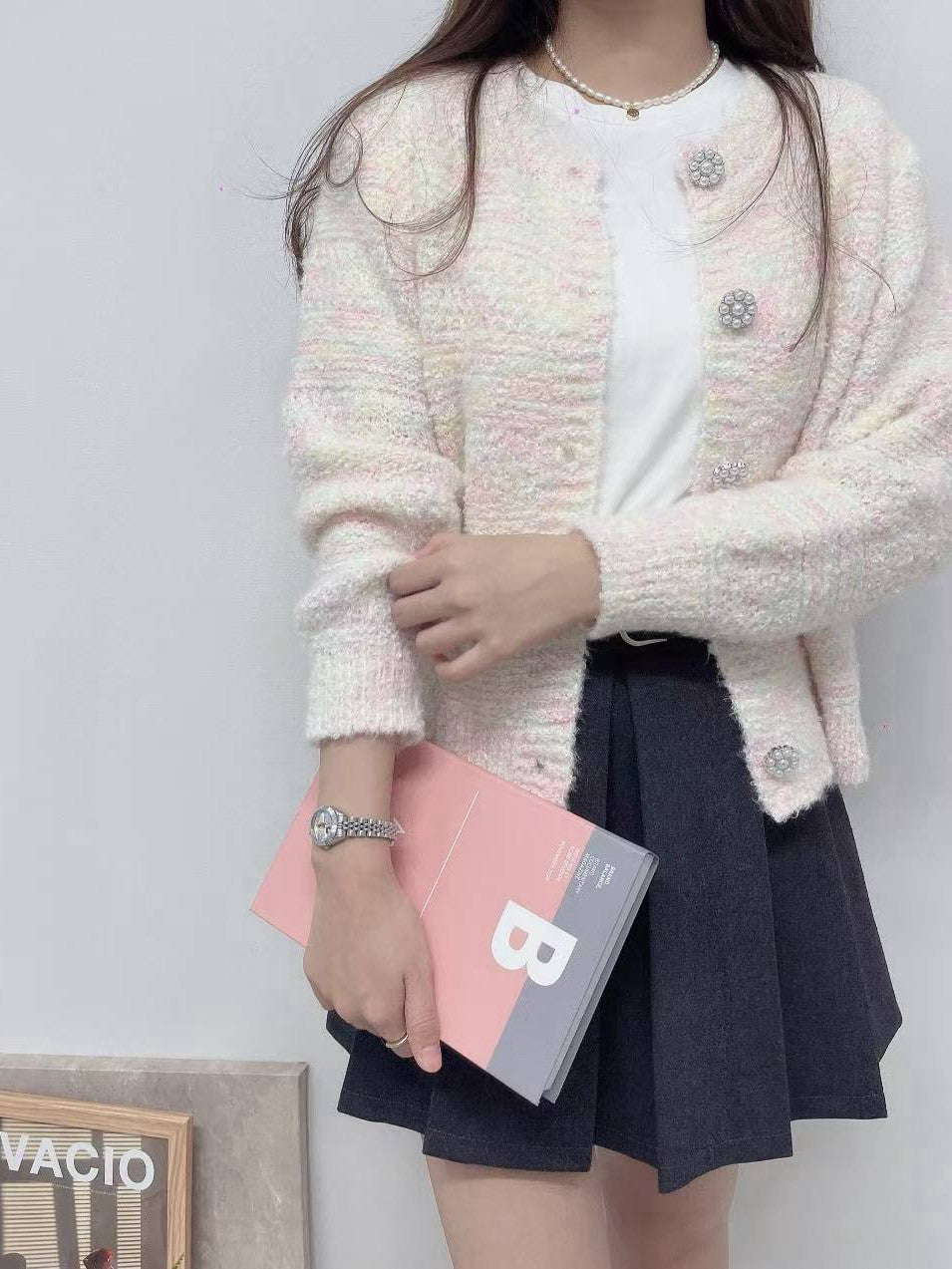10D111 混色棉花糖珍珠扣針織外套
