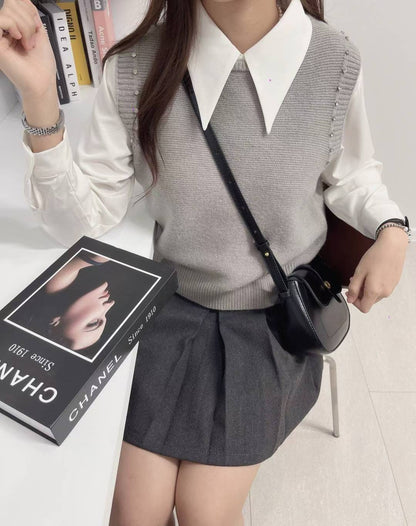 10D103 白襯衫+水鑽針織背心 套裝