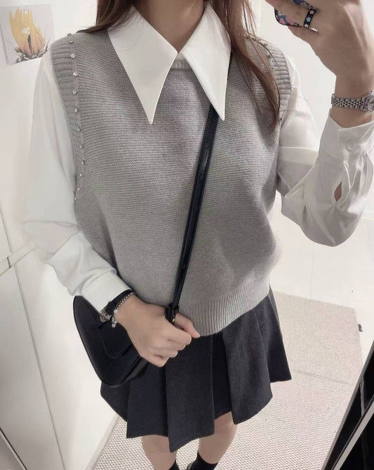 10D103 白襯衫+水鑽針織背心 套裝