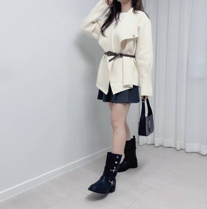 10D118 翻領毛線外套(附腰帶)