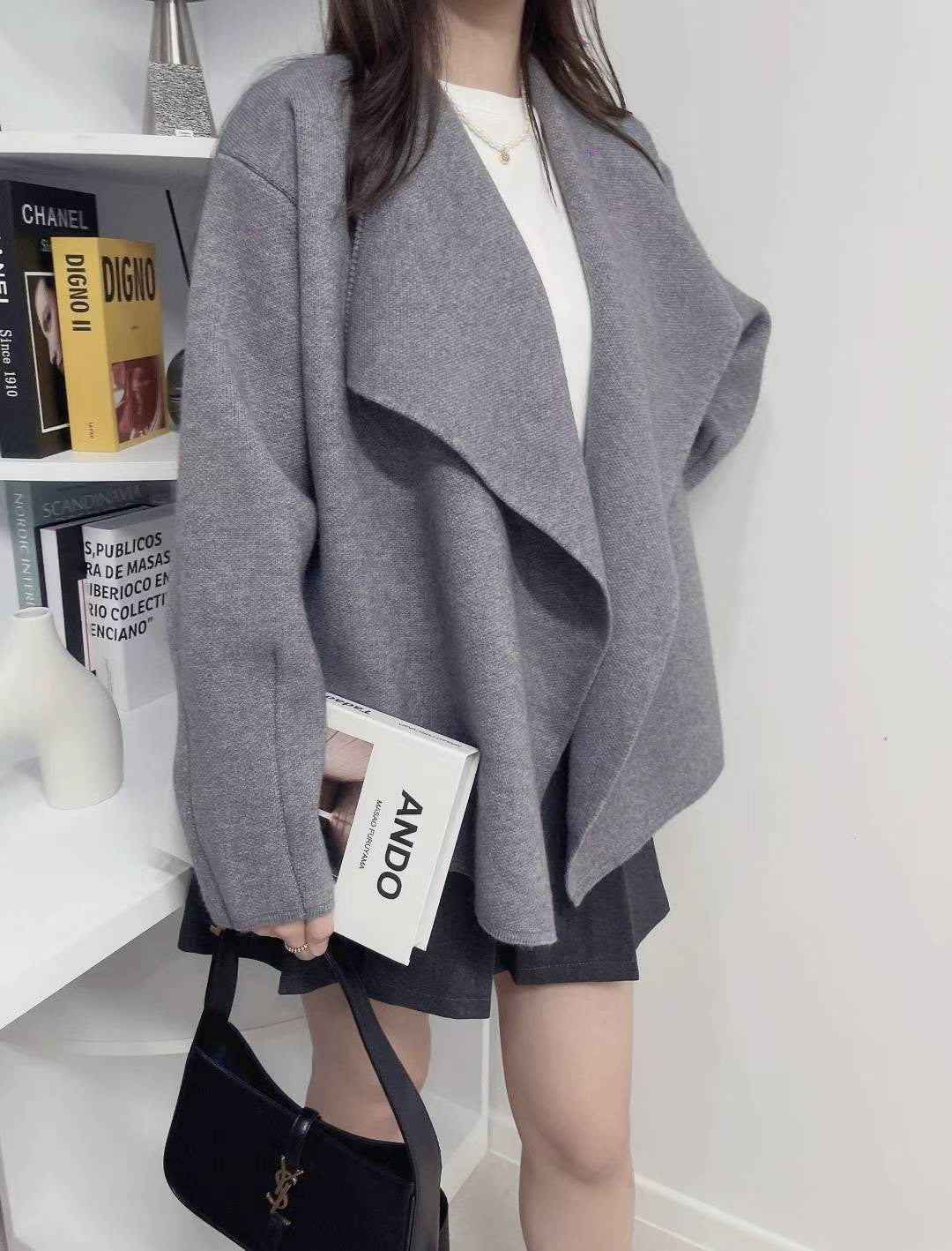 10D118 翻領毛線外套(附腰帶)