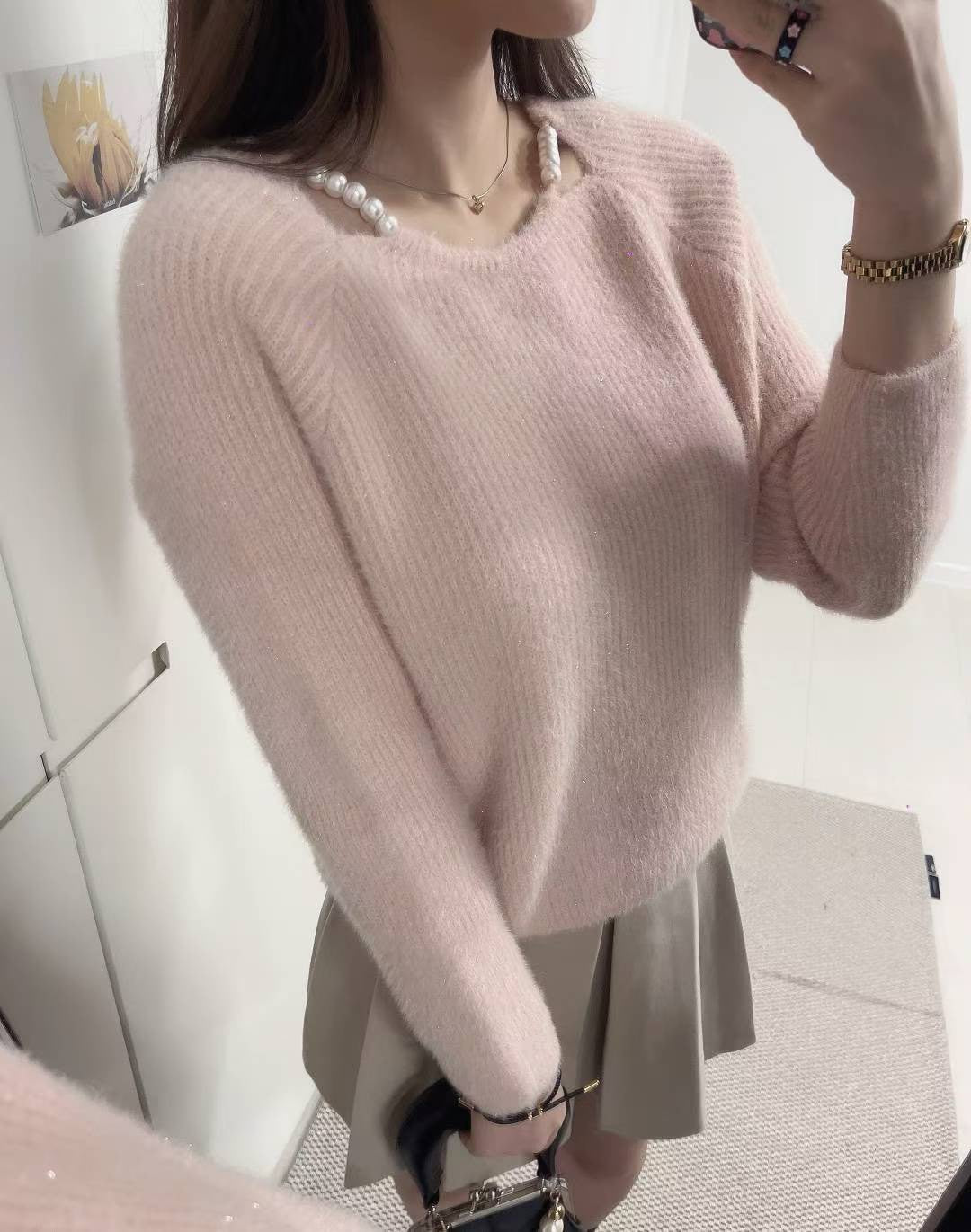 10D101 簍空珍珠領舒服毛衣