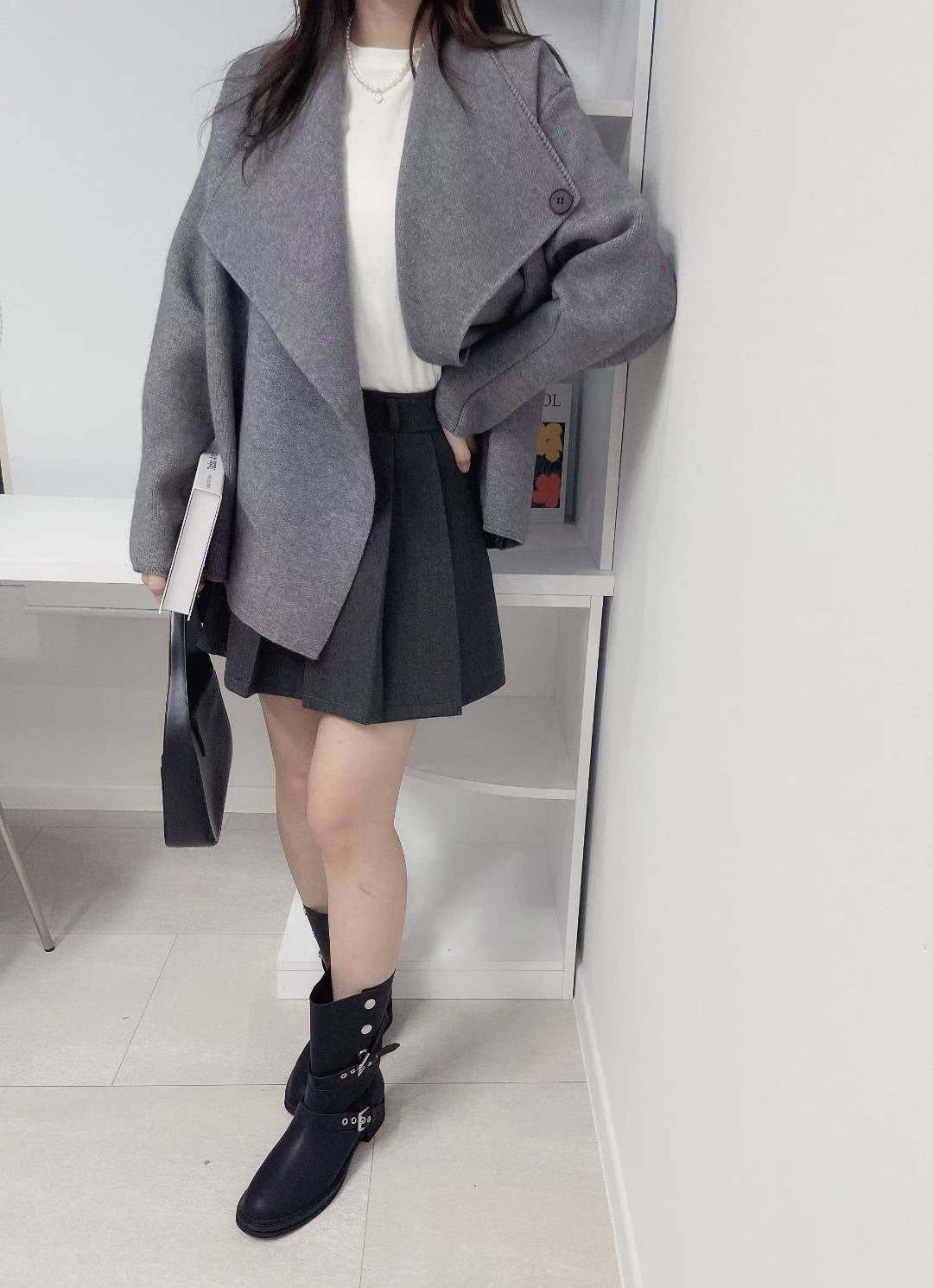 10D118 翻領毛線外套(附腰帶)