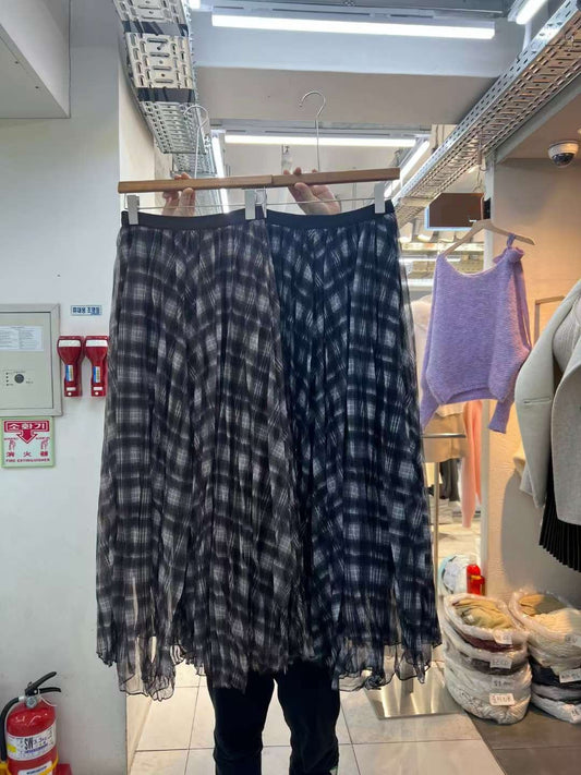 10D110 鬆緊腰格紋百褶長裙