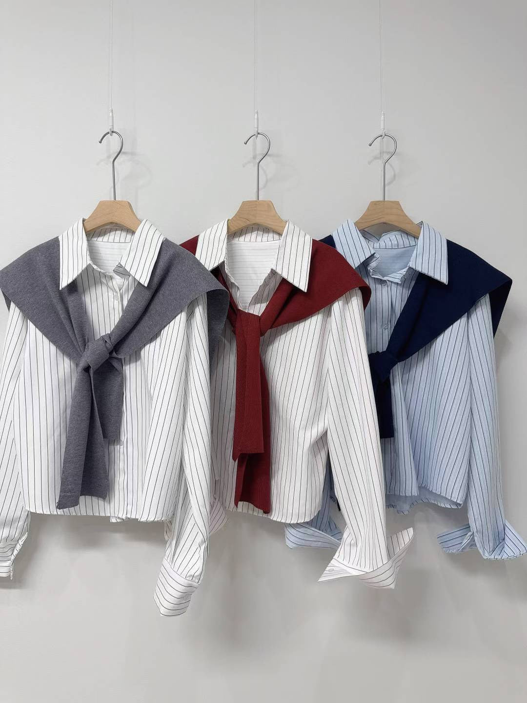 10D107 短版直紋襯衫+針織披肩