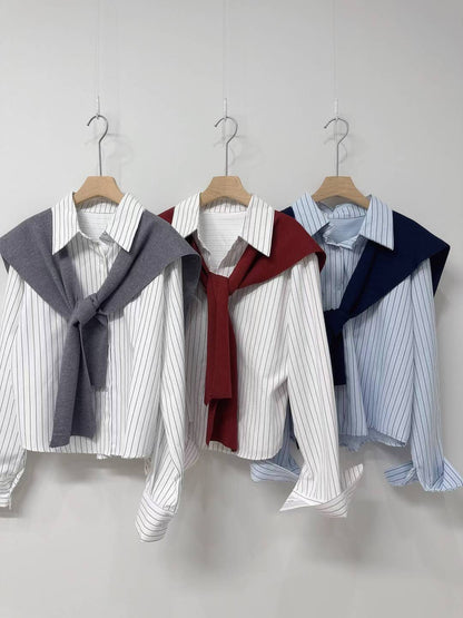 10D107 短版直紋襯衫+針織披肩