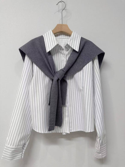 10D107 短版直紋襯衫+針織披肩