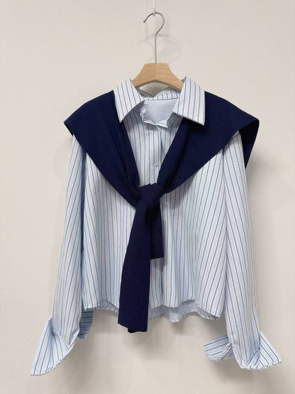 10D107 短版直紋襯衫+針織披肩