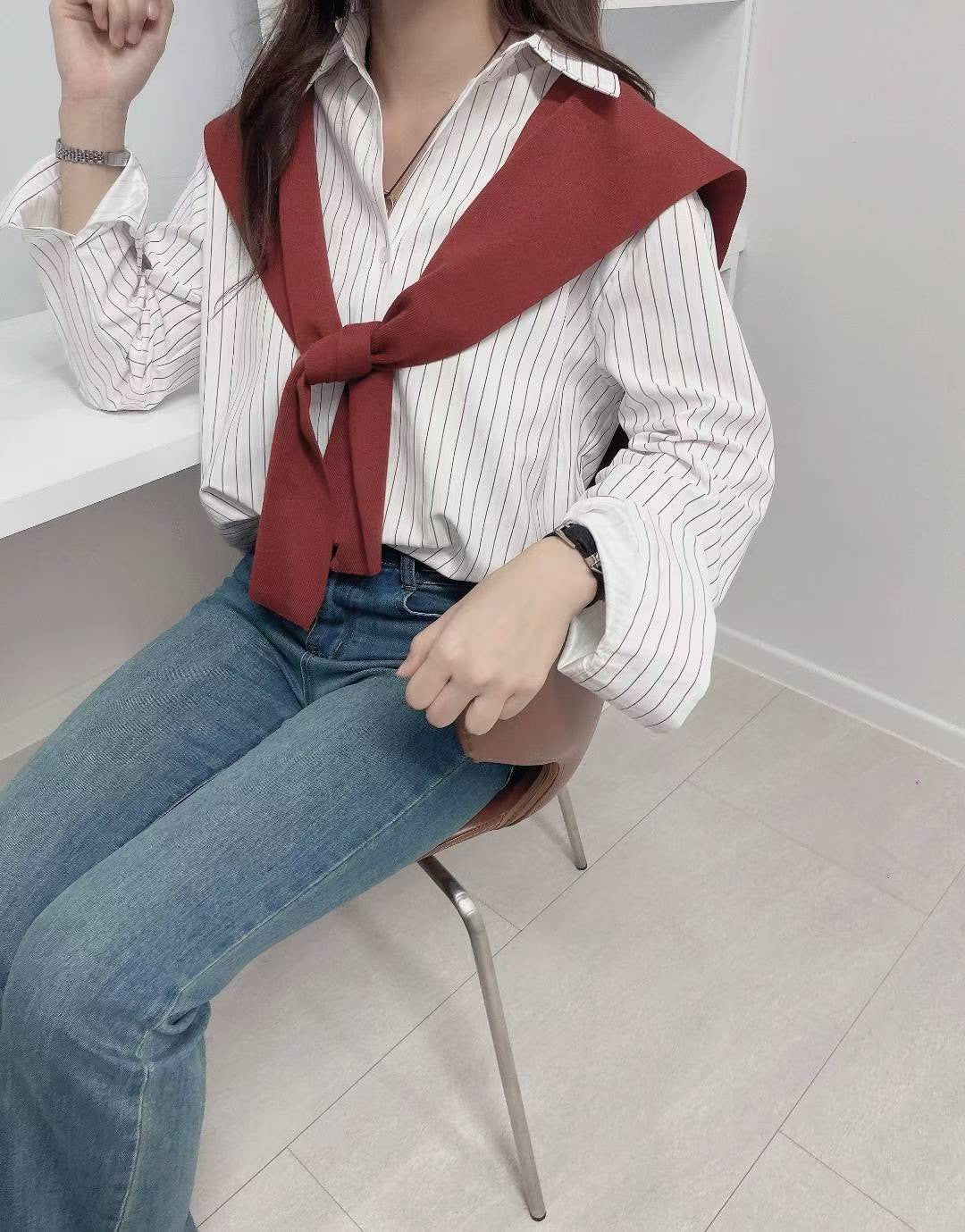 10D107 短版直紋襯衫+針織披肩