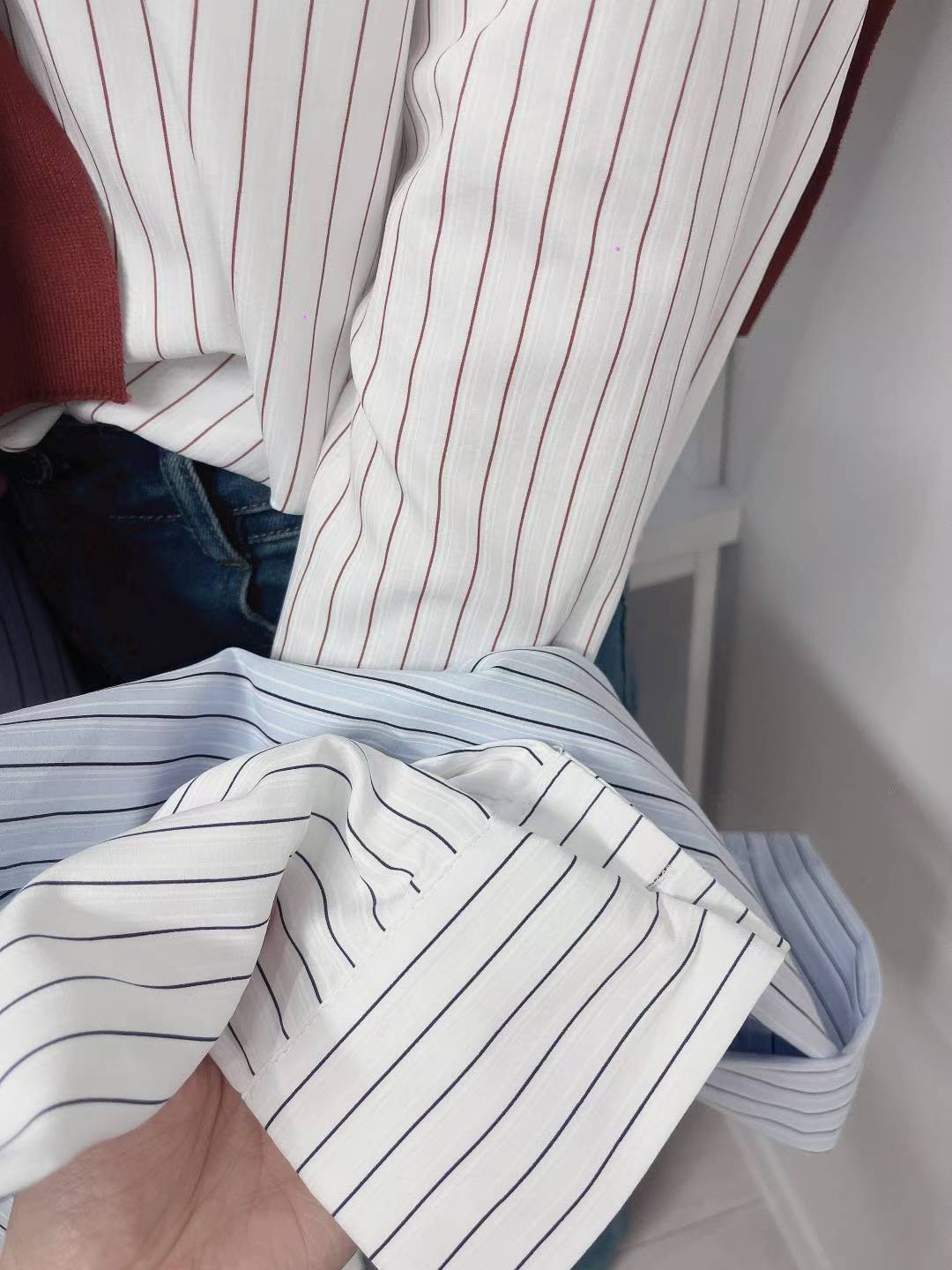 10D107 短版直紋襯衫+針織披肩