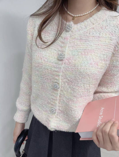 10D111 混色棉花糖珍珠扣針織外套