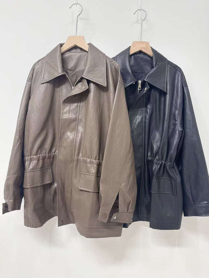 10D121 領子縮腰拉鍊皮外套