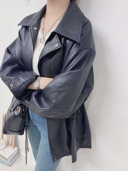 10D121 領子縮腰拉鍊皮外套