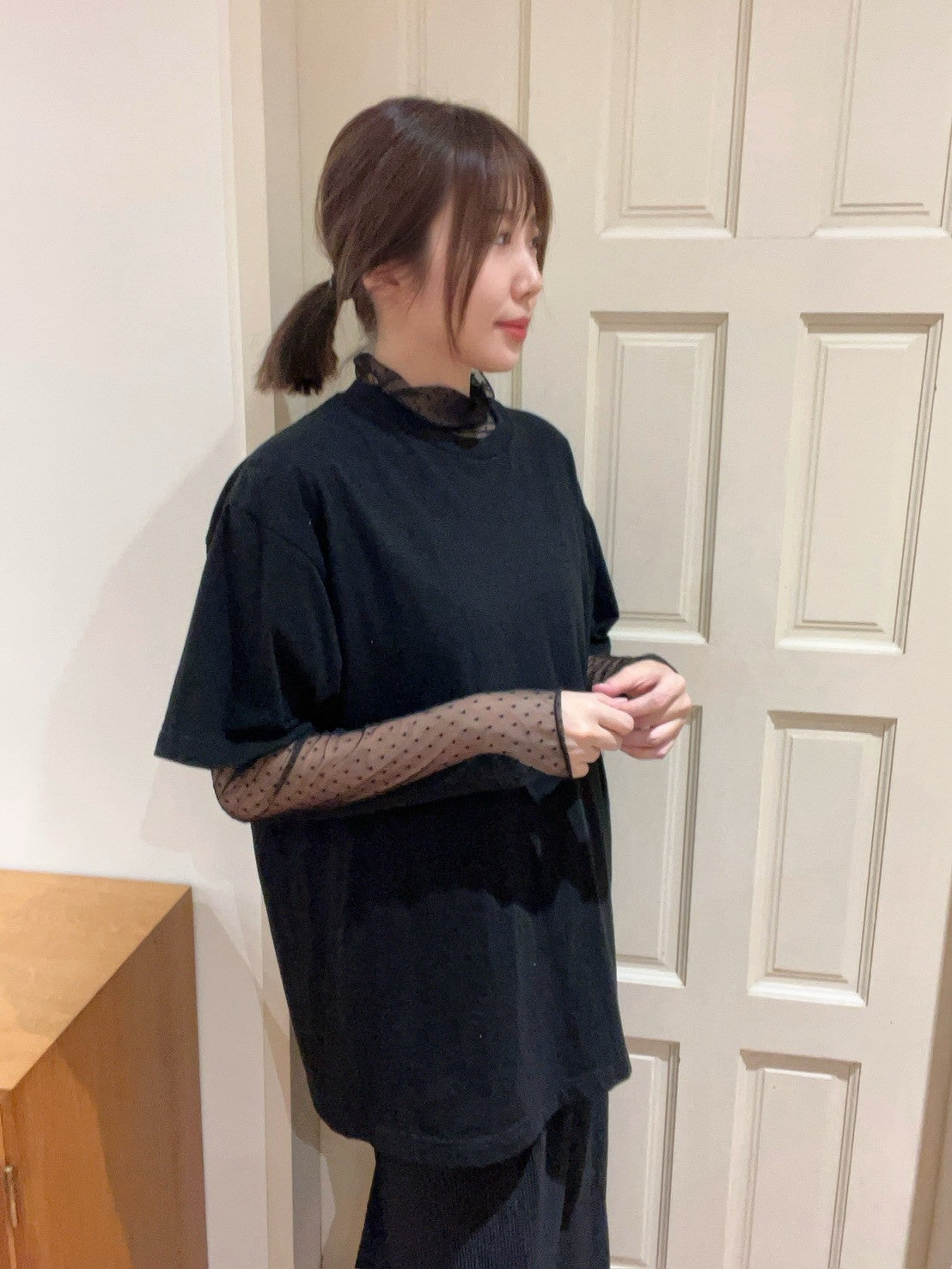 ST4527 點點網紗立領荷葉上衣