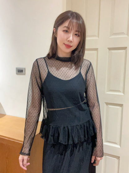 ST4527 點點網紗立領荷葉上衣