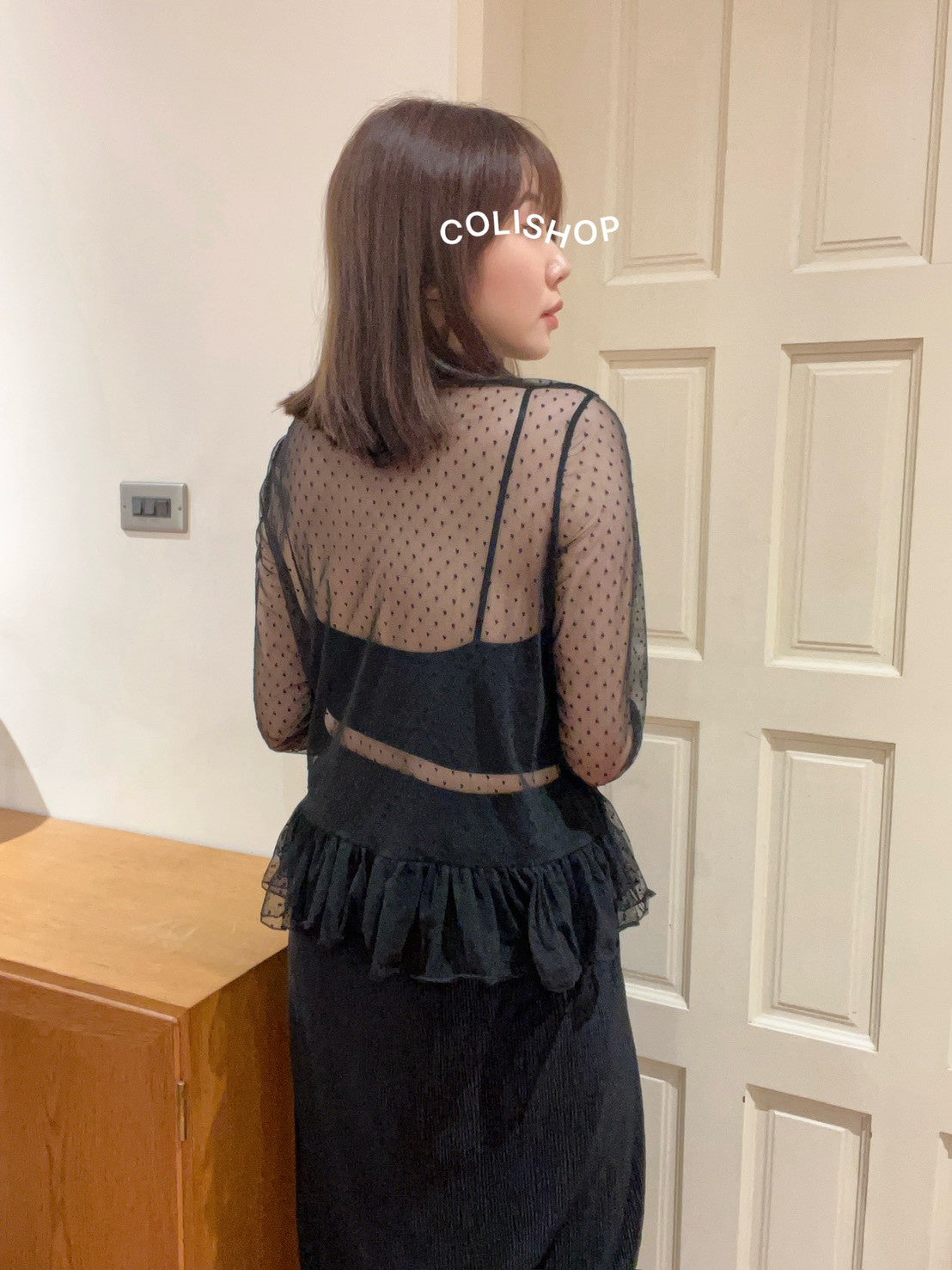 ST4527 點點網紗立領荷葉上衣