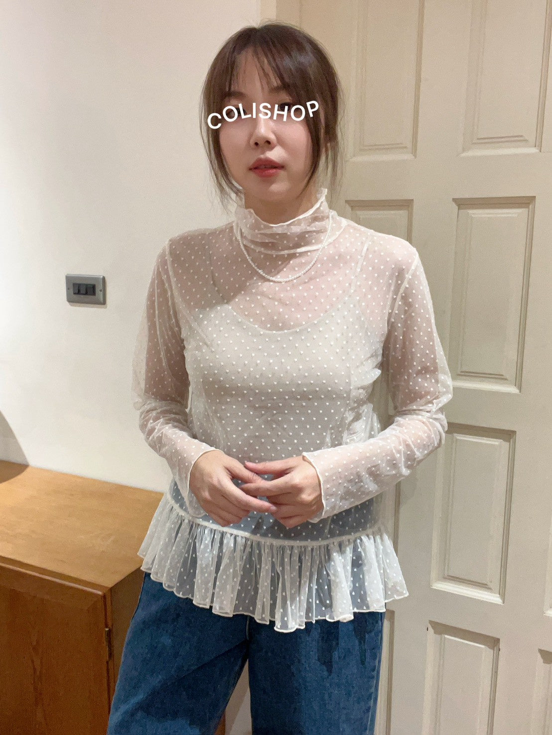 ST4527 點點網紗立領荷葉上衣